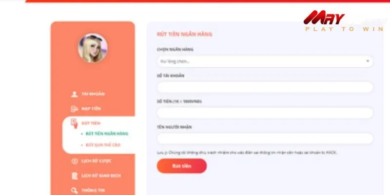 Nhập thông tin yêu cầu tại May88 khi rút thưởng 